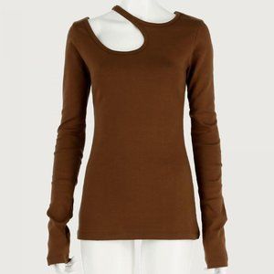 NWT Korean Brand Low Classic Cut-out Curve Hole Knit Long Sleeve T-shirt Brown